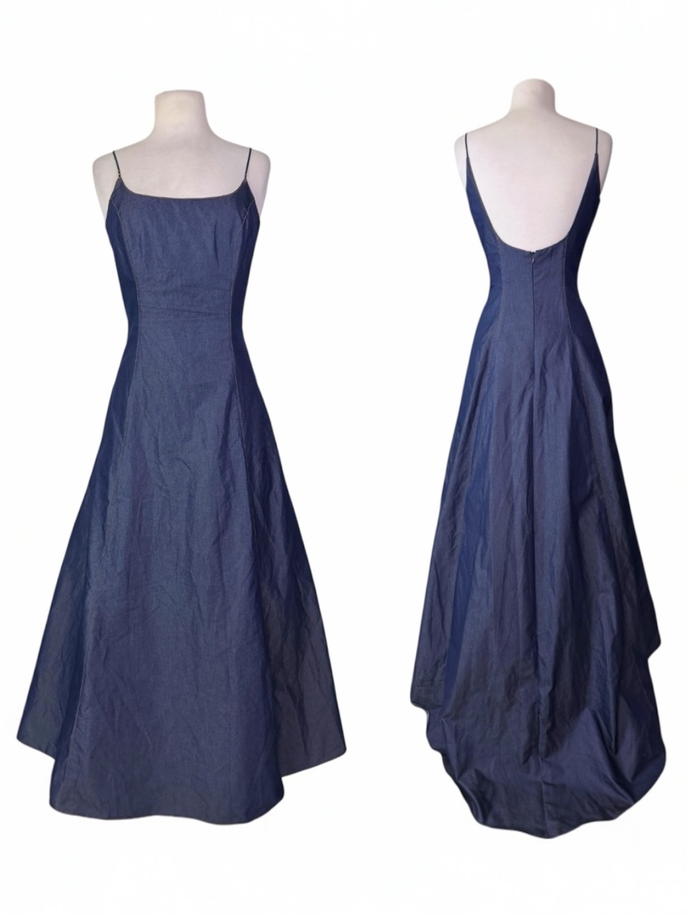 VTG ABS Allen Schwartz Blue Chambray Denim Maxi Dress Low Back 90s Y2K Gown 10